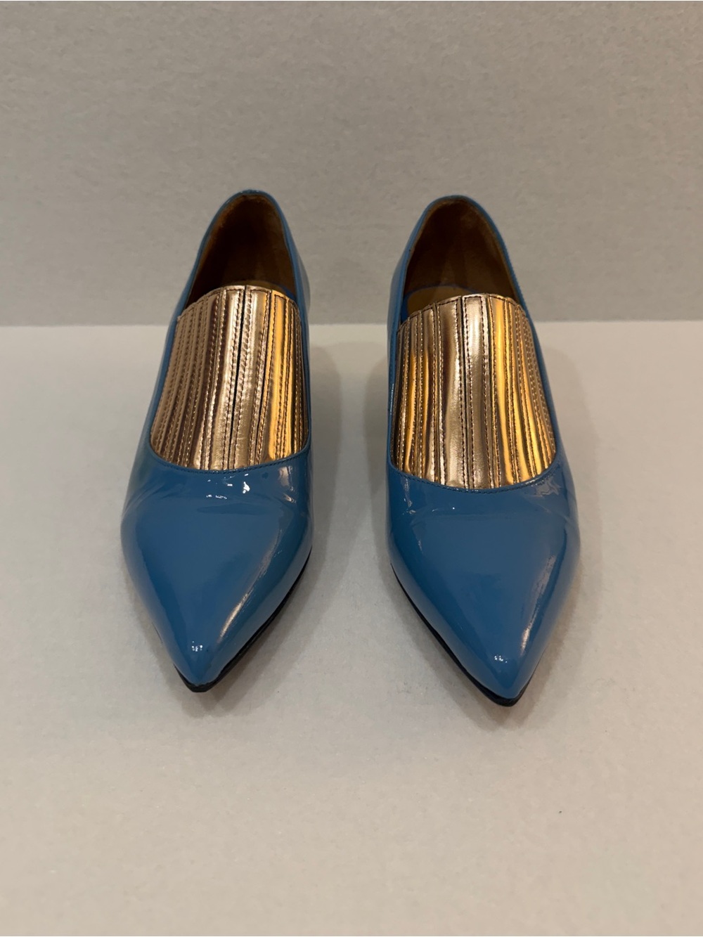 John Fluevog Bardot Blue And Gold Colourblock Slip-On Pump Heels Womens Size 6 - Picture 3 of 14